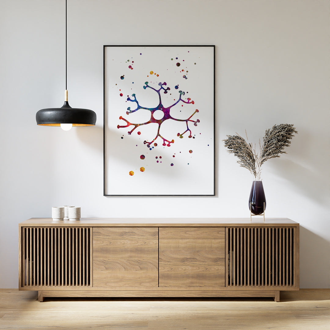 Intricate interneuron cell watercolor art, ideal for medical offices or neurobiology enthusiasts