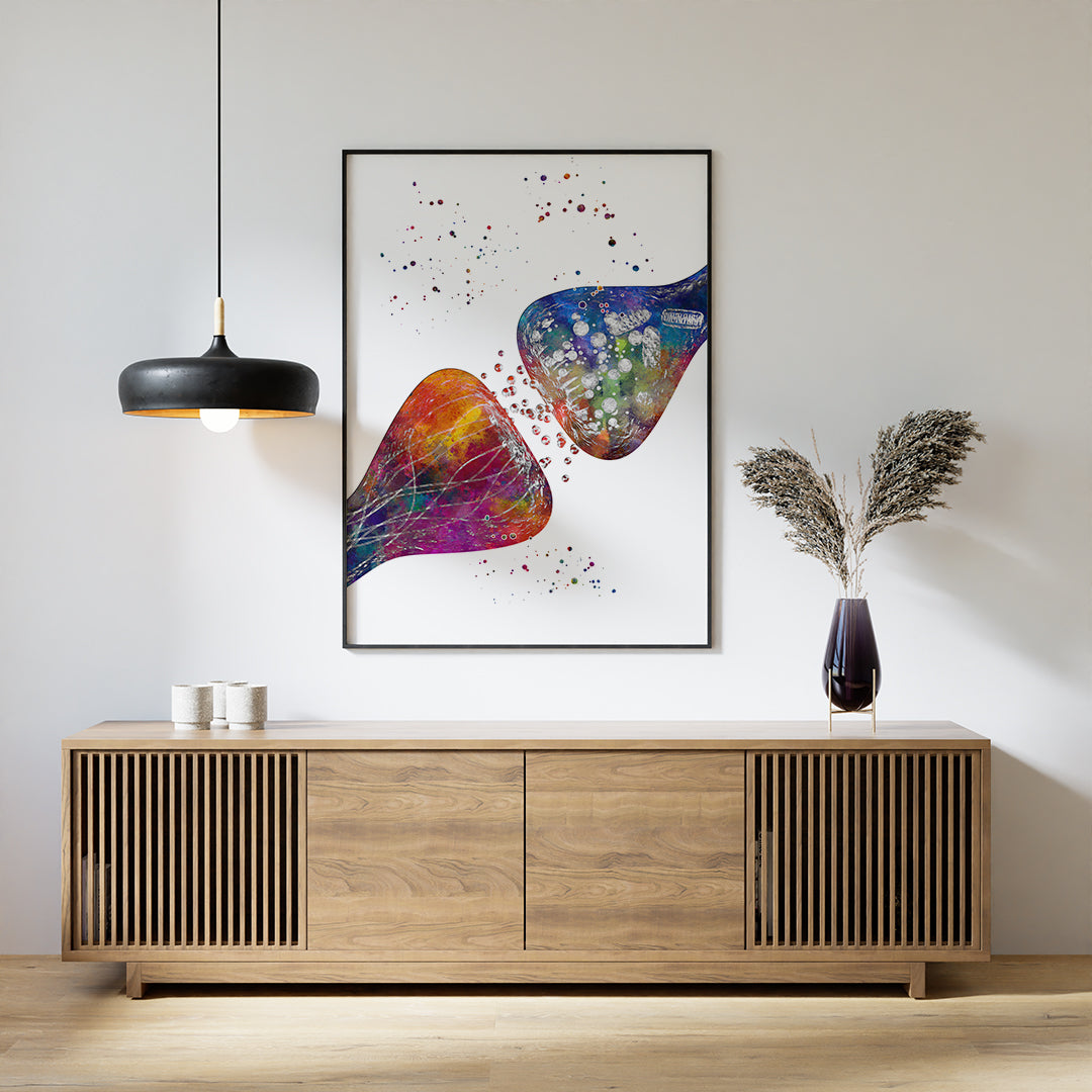 Vivid synapses artwork in watercolor, showcasing neural networks, perfect for science enthusiasts and creative decor