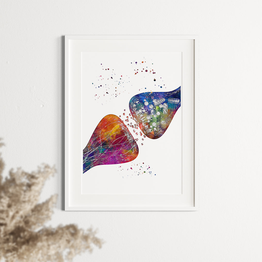 Beautifully illustrated synapse watercolor print, blending art with science for inspiring neuroscience office decor.