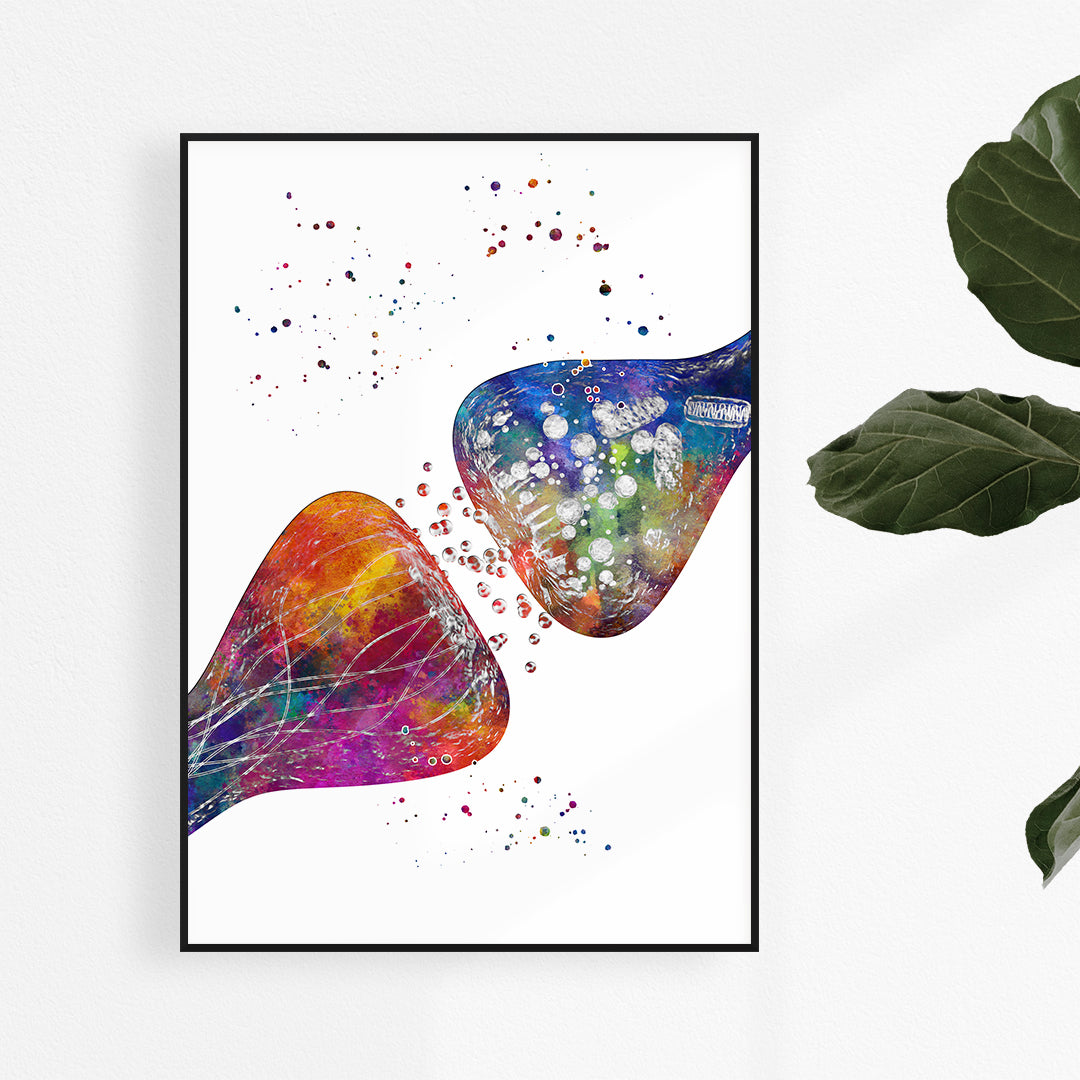 Intricate synapses watercolor art print, capturing neural connections—ideal for neuroscience decor and educational spaces.