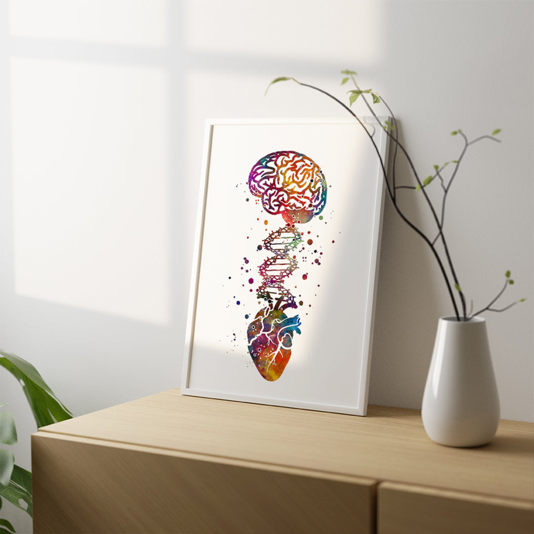 Watercolor heart-brain DNA connection art on textured paper, a unique gift for doctors, nurses, or medical students.