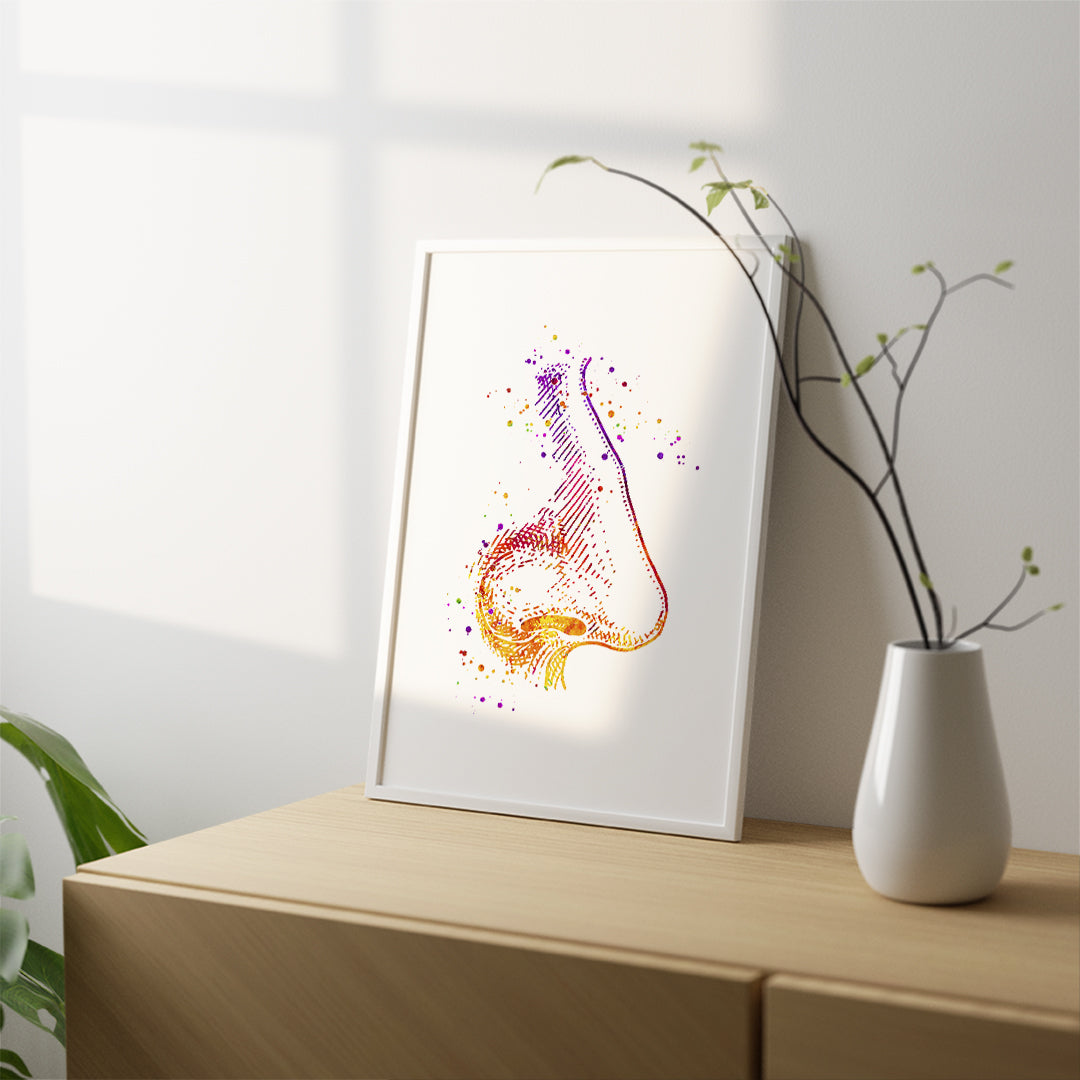 Rhinology art print in vibrant watercolor, showcasing the anatomy of the human nose, perfect for clinics or medical decor.