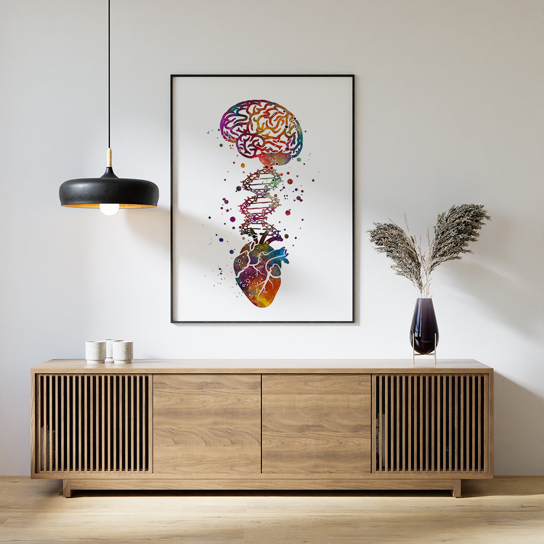 Vibrant heart and brain watercolor art, connected by DNA, printed on high-quality textured paper, great for medical decor or gifts