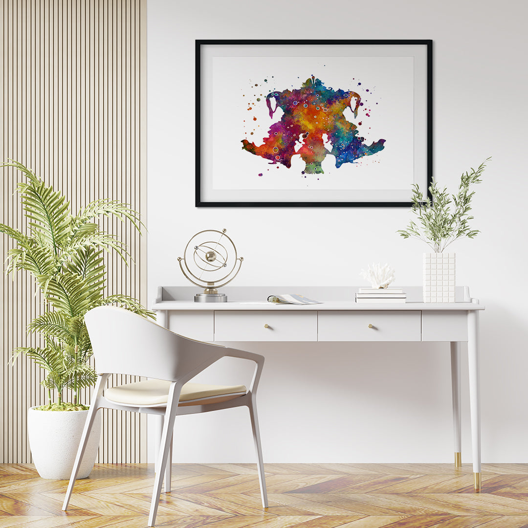 Multicolored Rorschach ink blot print, perfect as a psychology-themed decor piece