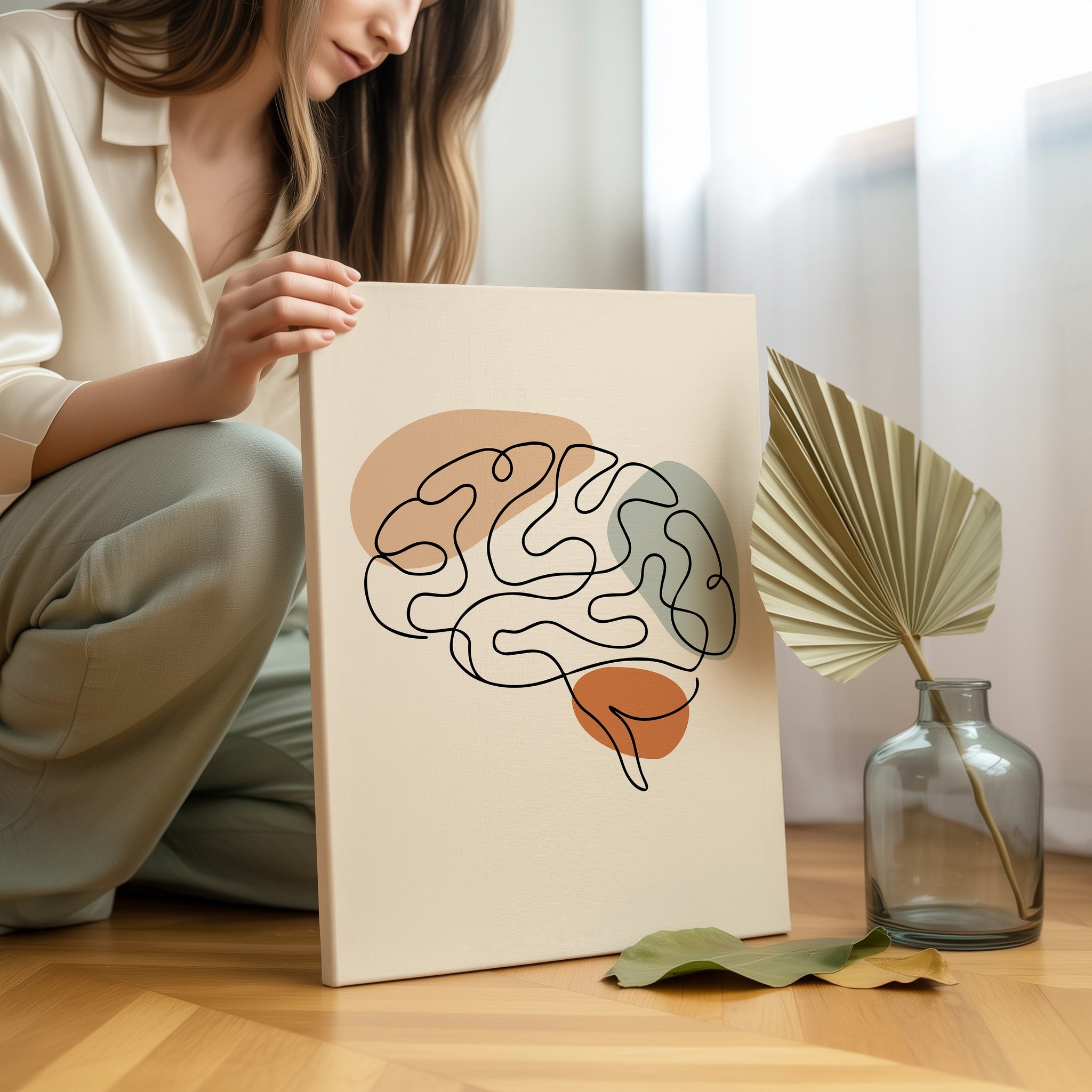 Boho one line brain anatomy wall art in a contemporary neutral interior