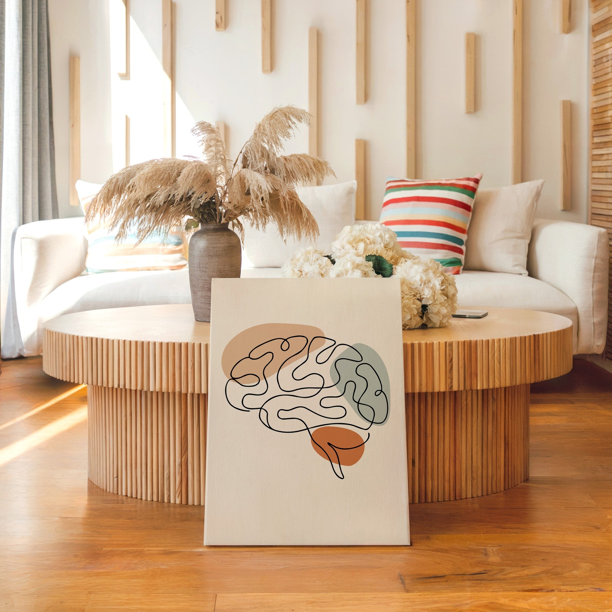 One line brain anatomy print styled in a modern beige living room