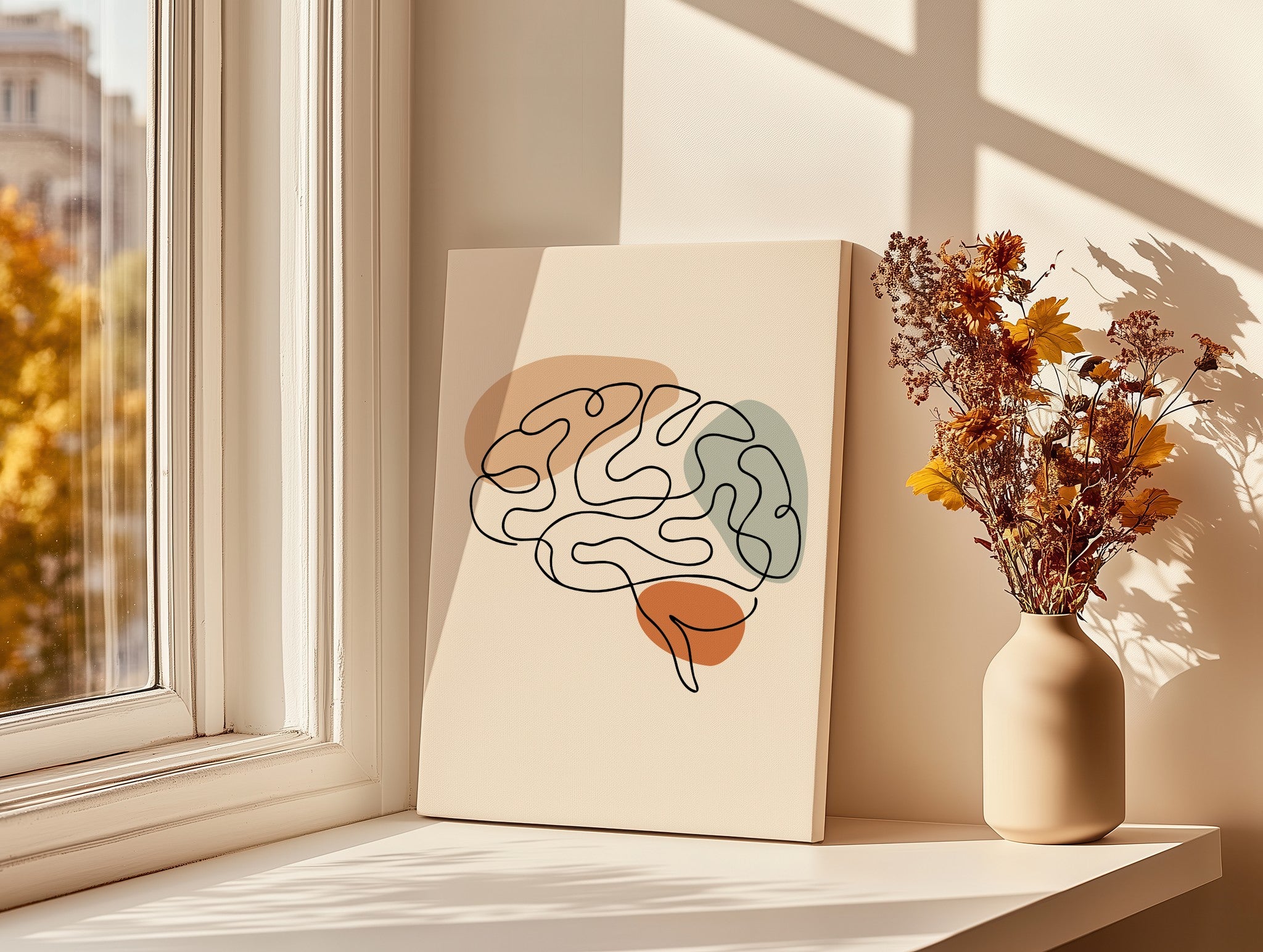 Minimalist one line brain anatomy print displayed by a bright window