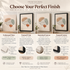 One line brain art finish guide with unframed, framed, stretched canvas and framed canvas options