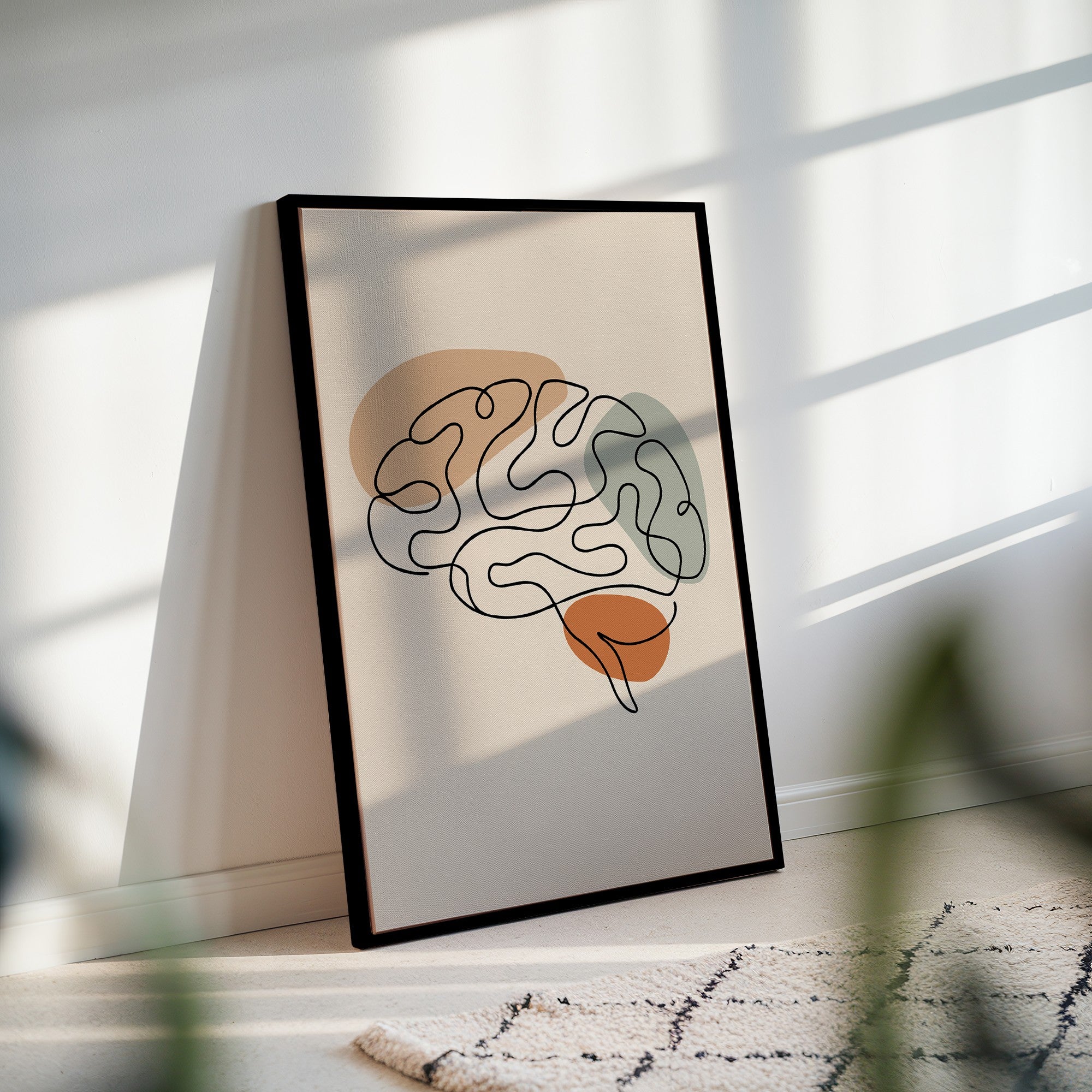 Framed one line brain anatomy print in a black wooden frame