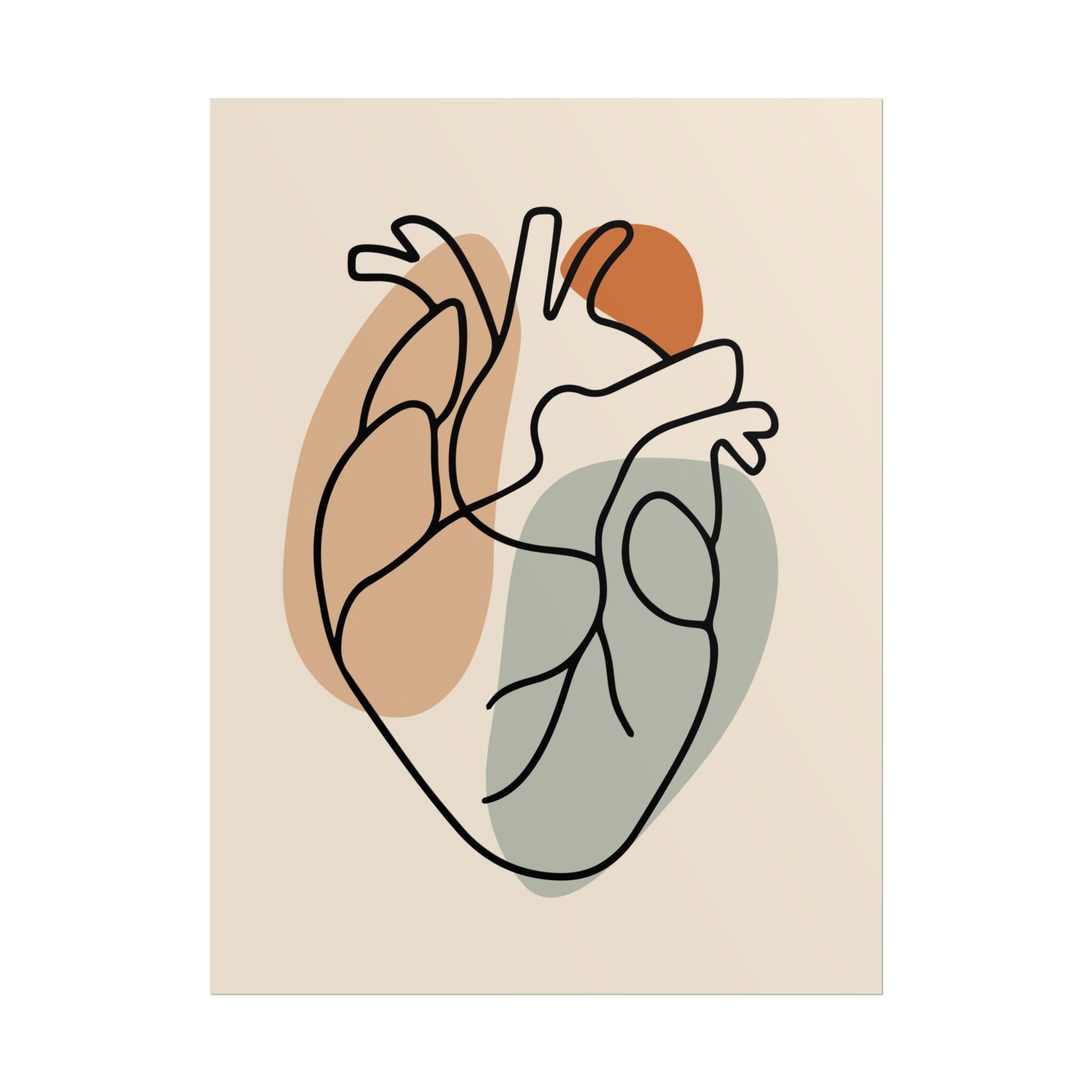 Minimalist one line anatomical heart illustration with warm neutral shapes on beige