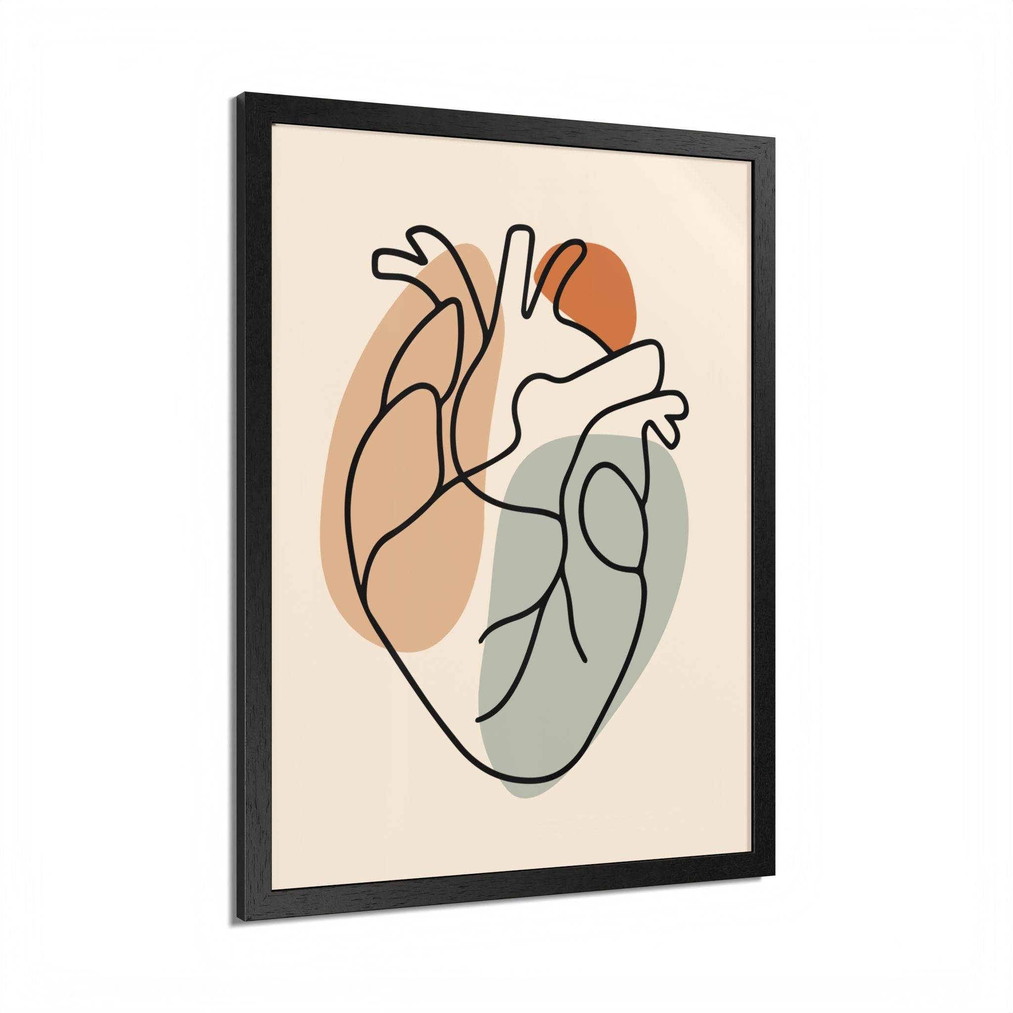 One line heart artwork shown in a black frame on a light background