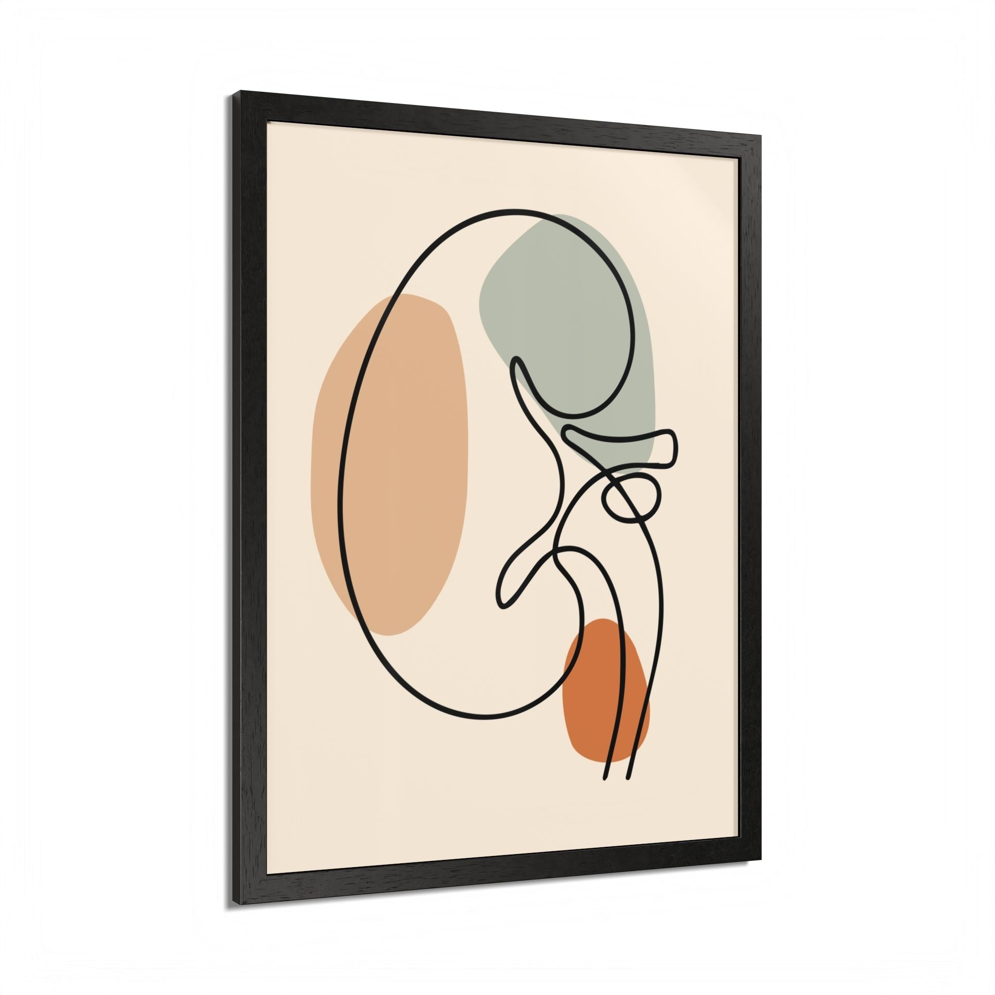 Minimalist kidney line art in a black wooden frame with no mat.