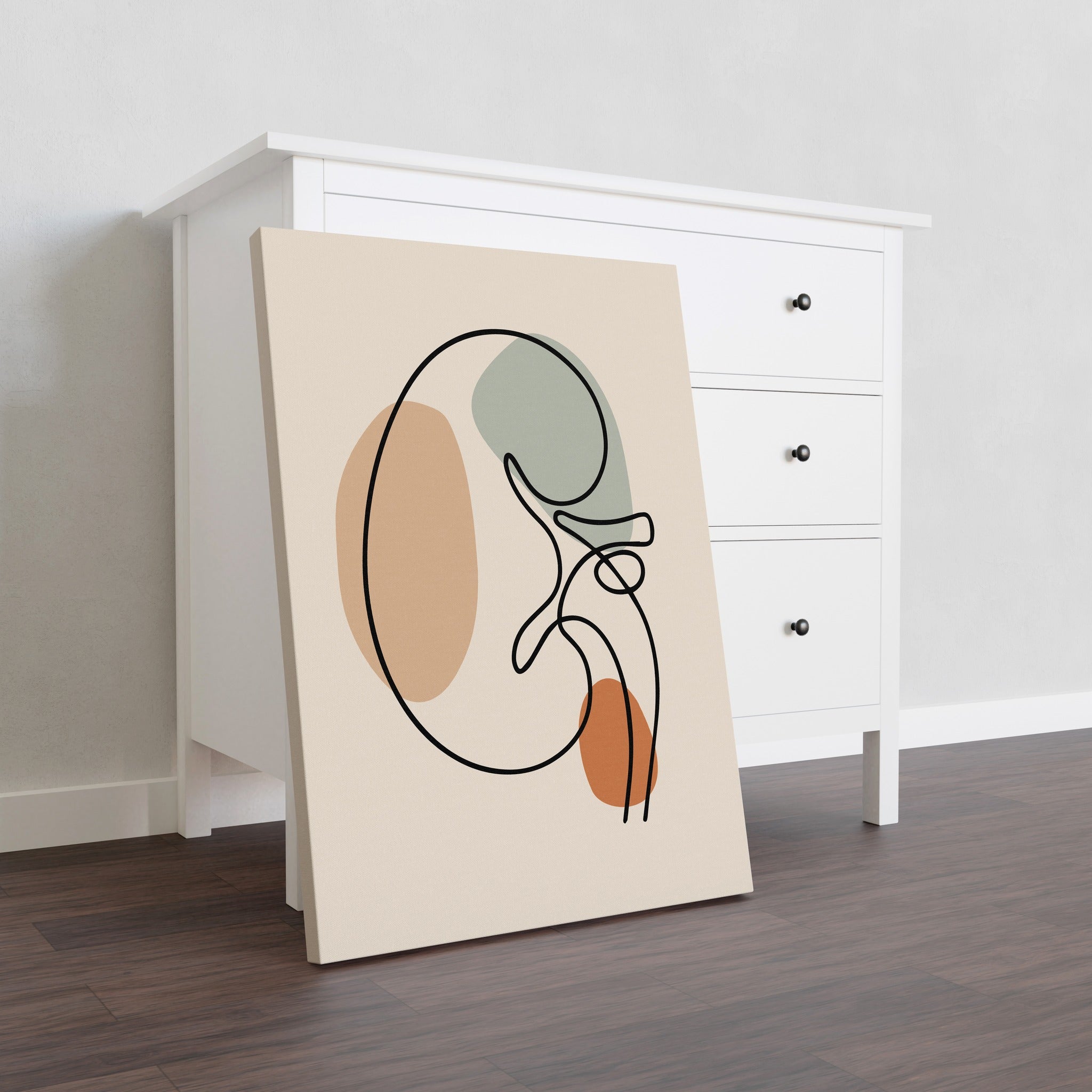 Minimalist kidney line art on stretched canvas beside a dresser.