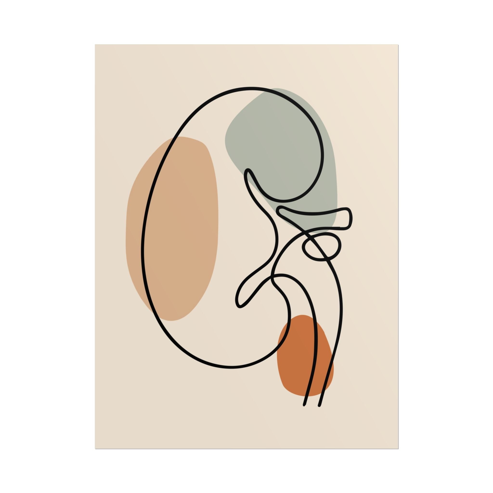 Minimalist kidney line art as an unframed paper print on a wooden surface.