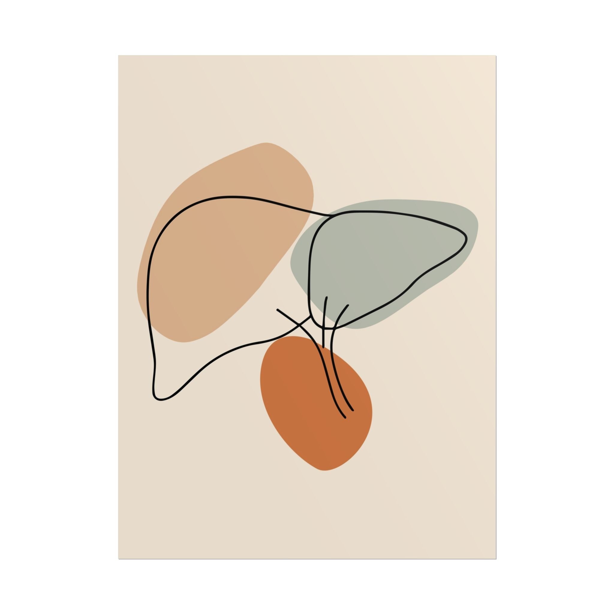 Minimalist liver line art as an unframed paper print on a wooden surface.