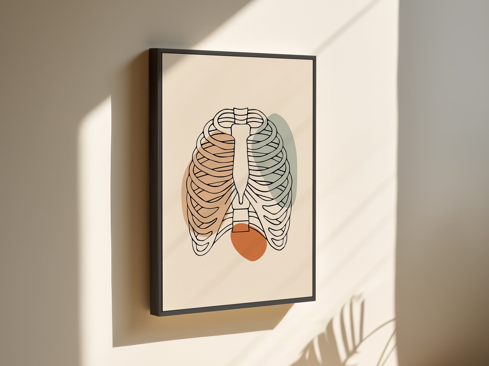 Minimalist rib cage line art on canvas in a black outer frame on a sunlit wall.