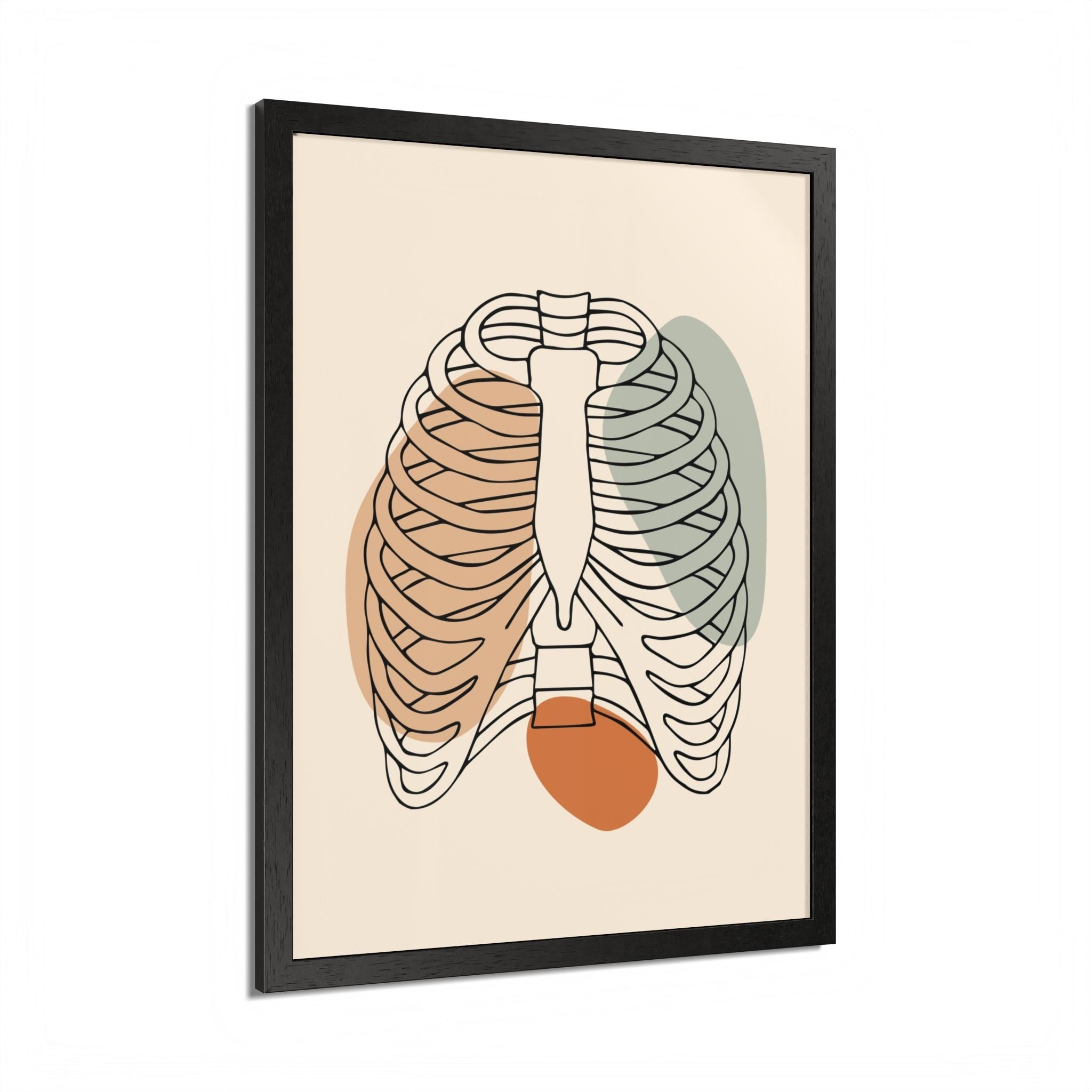 Minimalist rib cage line art in a black wooden frame with no mat.