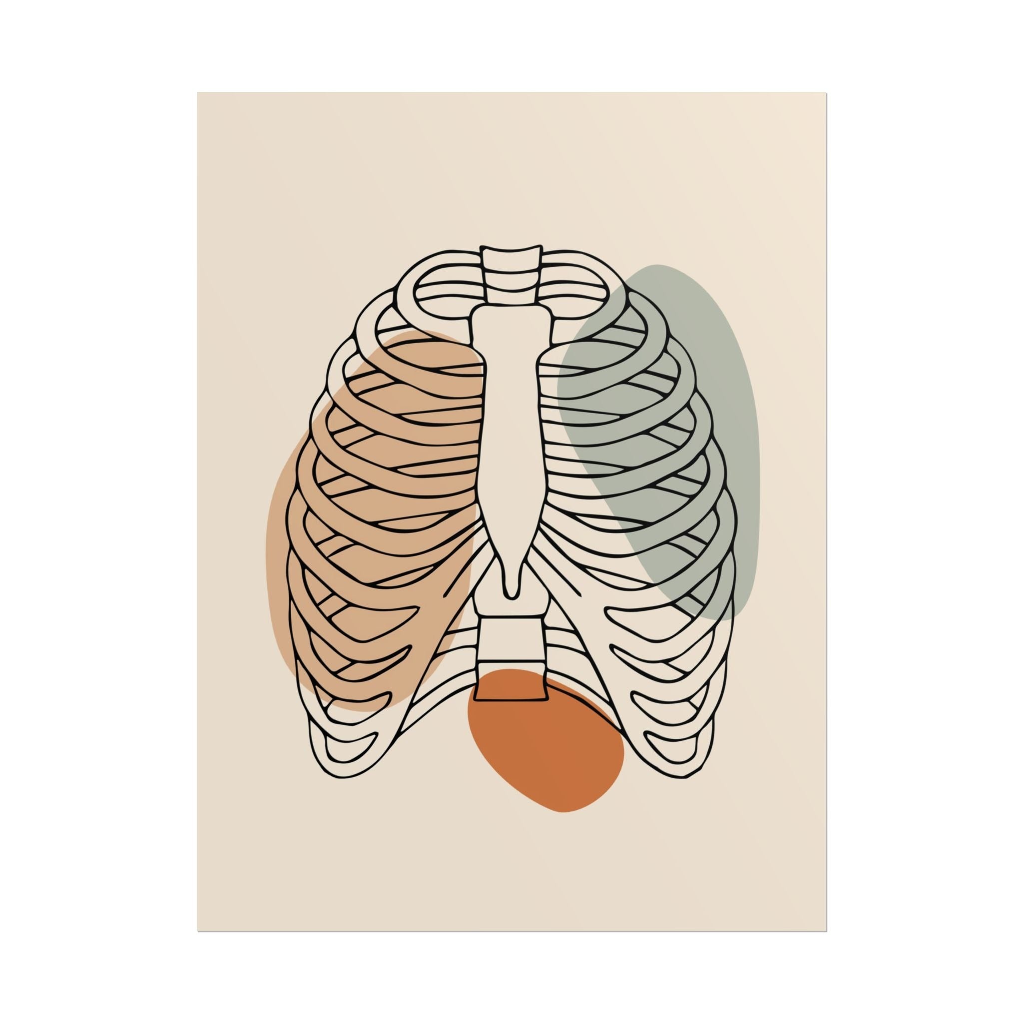 Minimalist rib cage line art as an unframed paper print on a wooden surface.