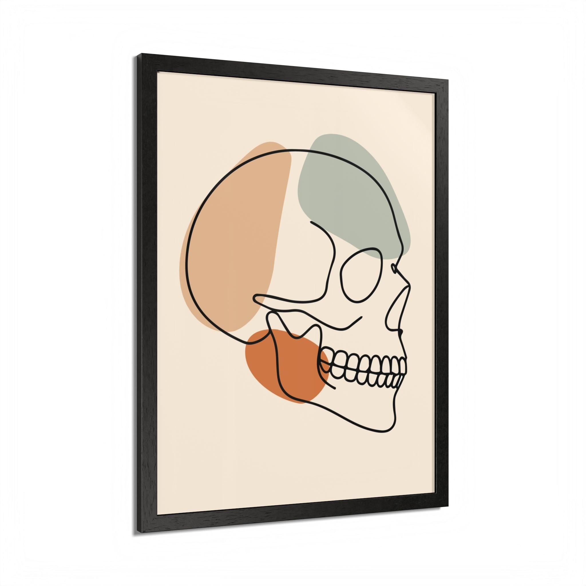 Minimalist skull line art in a black wooden frame with no mat.