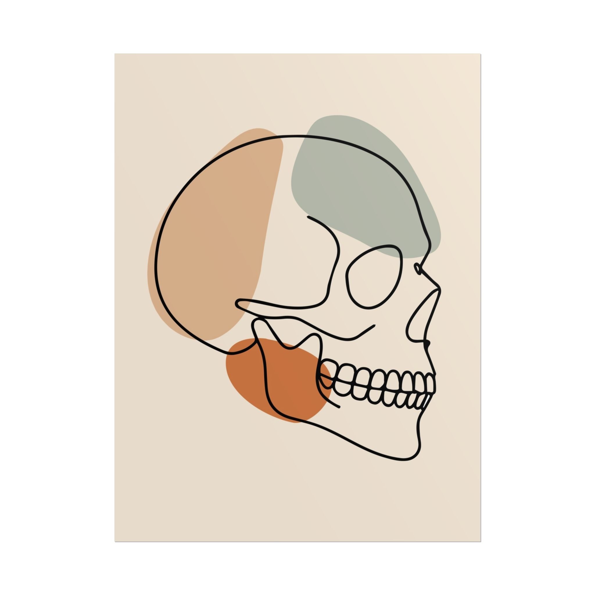 Minimalist skull line art as an unframed paper print on a wooden surface.