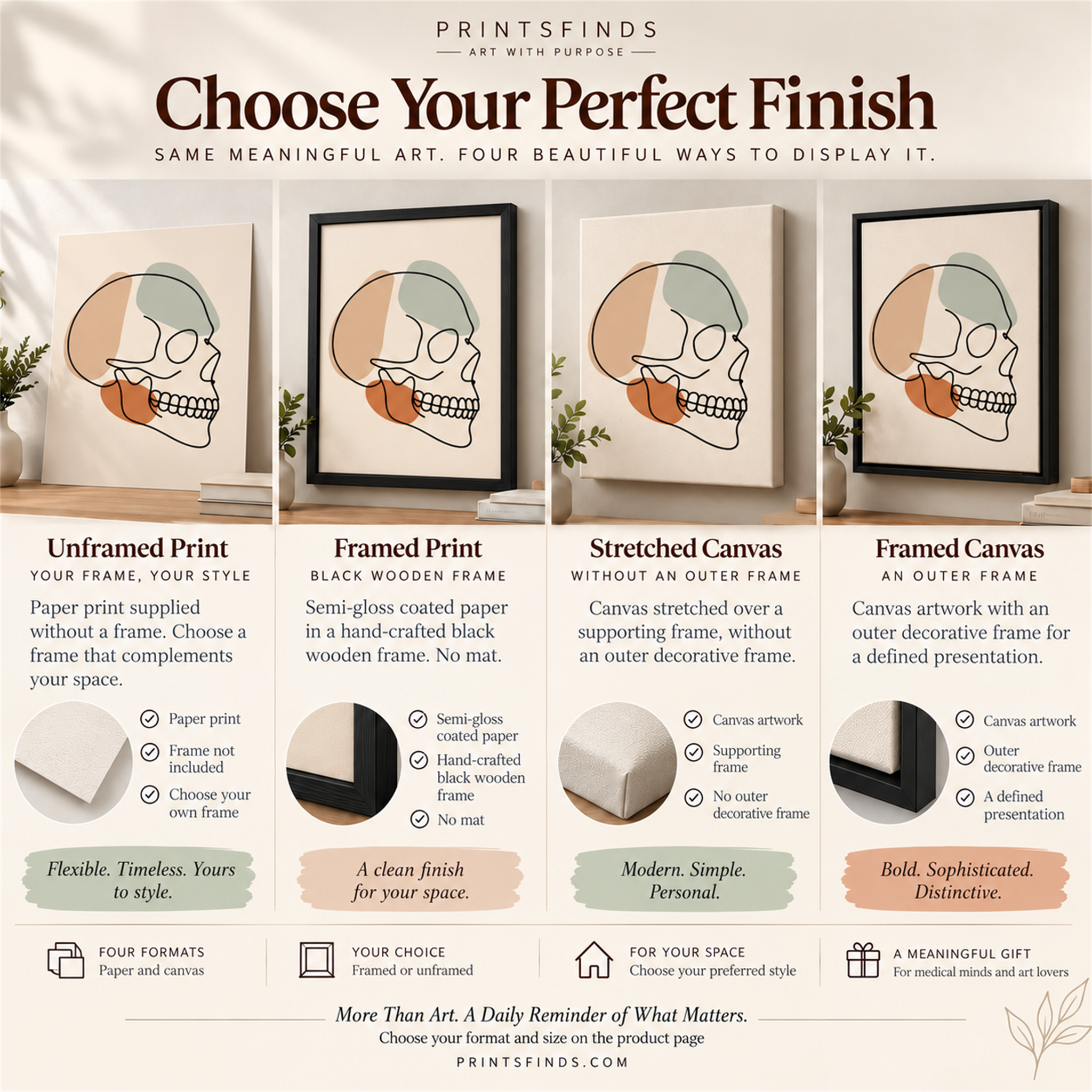 Four finish options for one line skull art: unframed print, framed print, stretched canvas and framed canvas.