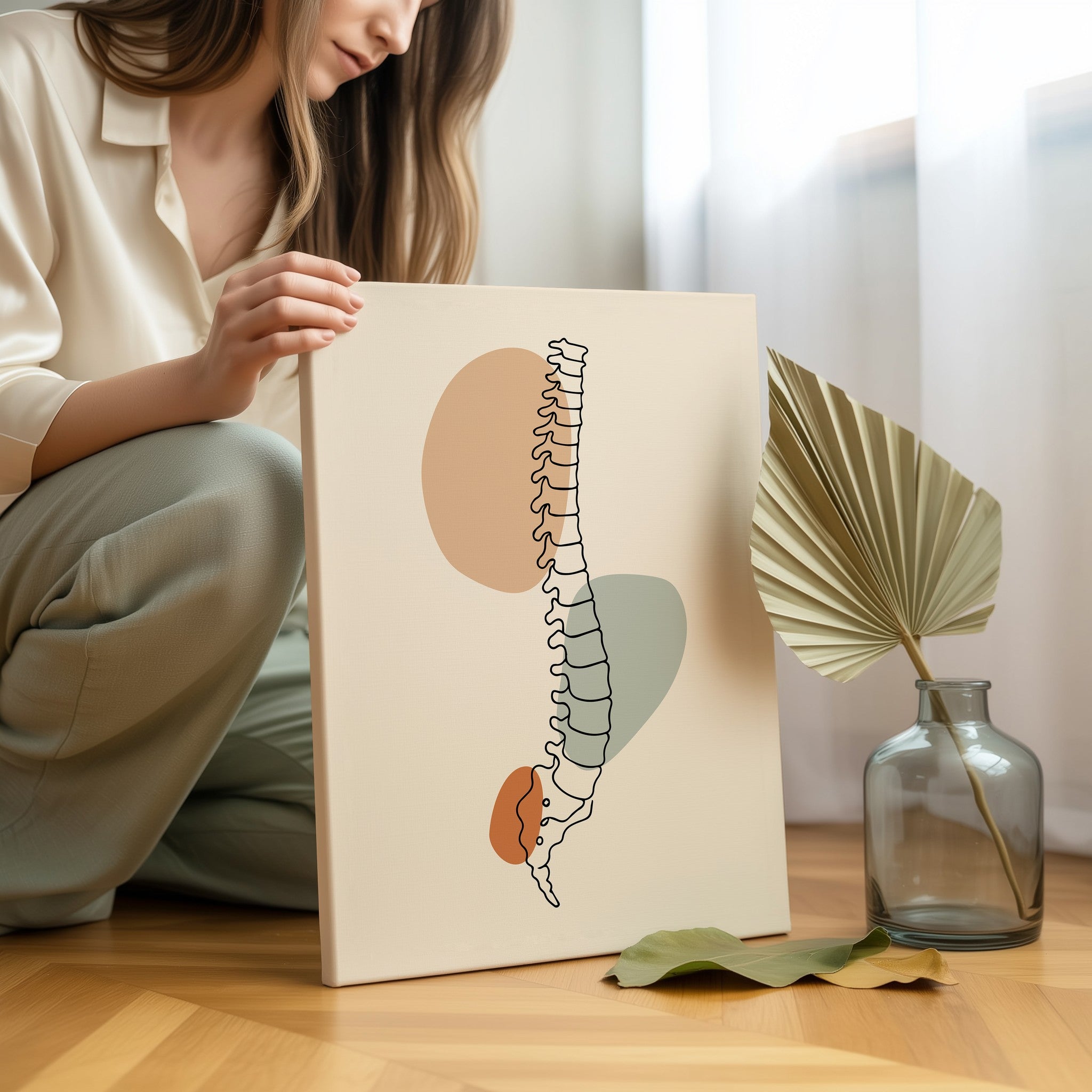 One line spine anatomy artwork held by a seated woman beside a vase and decorative leaves.