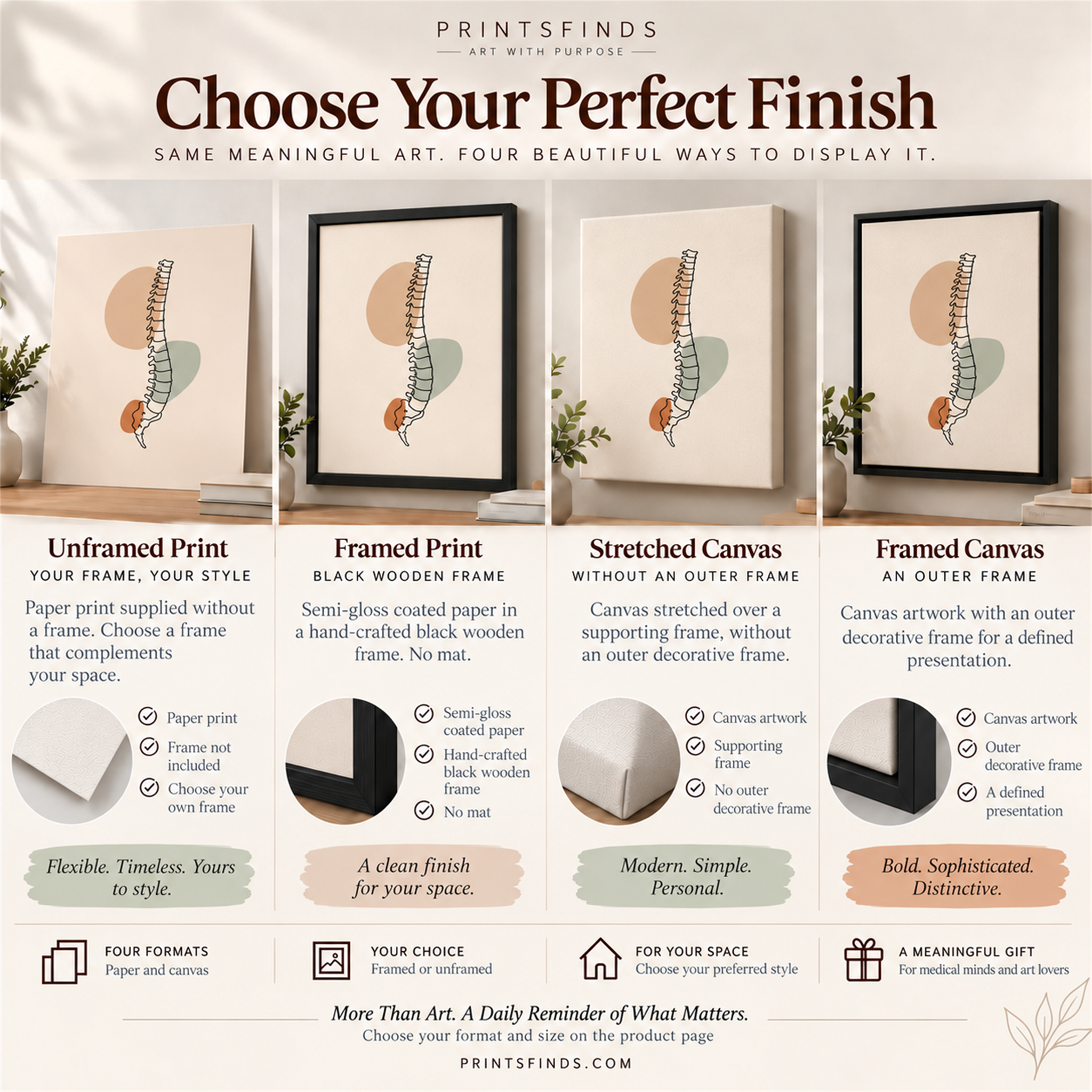 Four finish options for one line spine art: unframed print, framed print, stretched canvas and framed canvas.