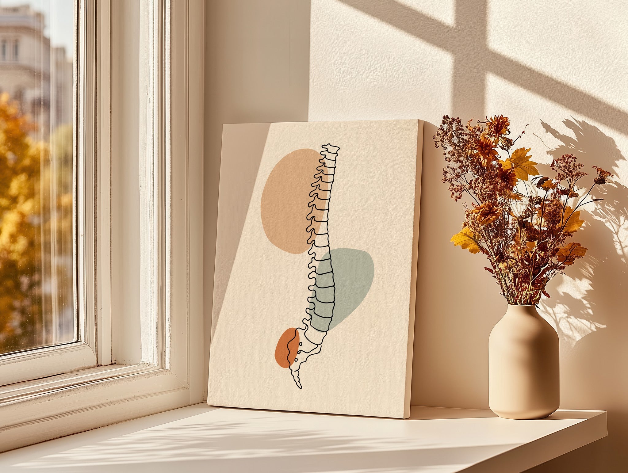 Spine line art canvas beside a vase of dried flowers on a sunny windowsill.