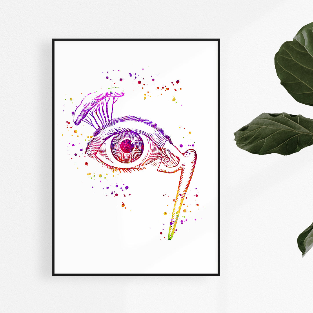 Detailed eye anatomy watercolor print featuring the lacrimal gland and nasal duct, ideal for medical decor.