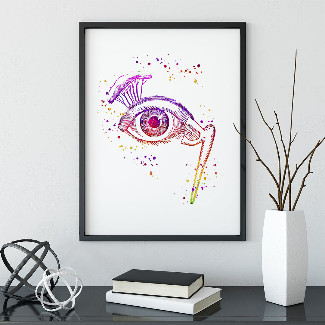 Eye anatomy watercolor art print focusing on the lachrymal gland and nasal duct, a unique gift for medical enthusiasts.