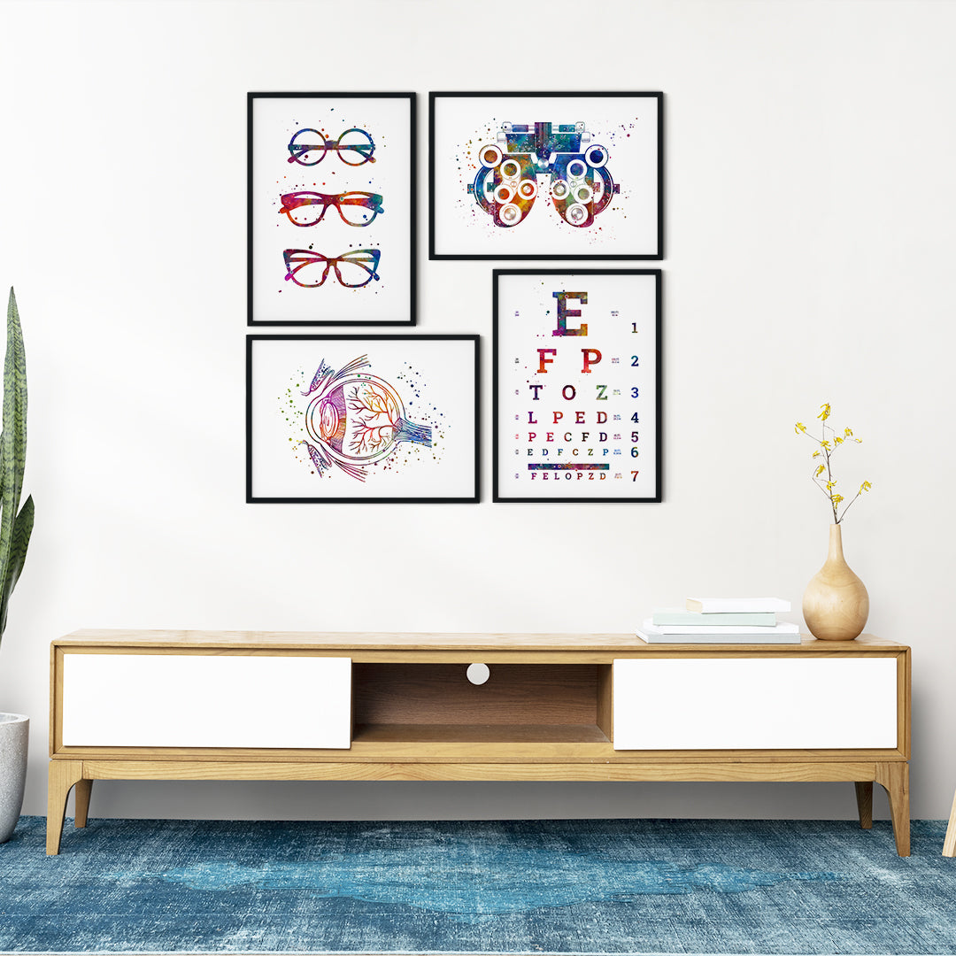 Set of 4 watercolor prints featuring eye anatomy and ophthalmology tools.