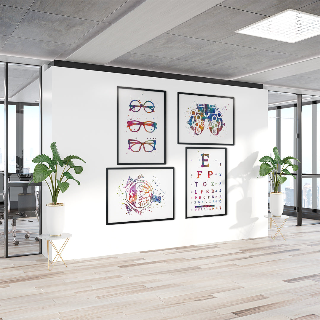 Vibrant eye anatomy and phoropter watercolor prints for clinics.