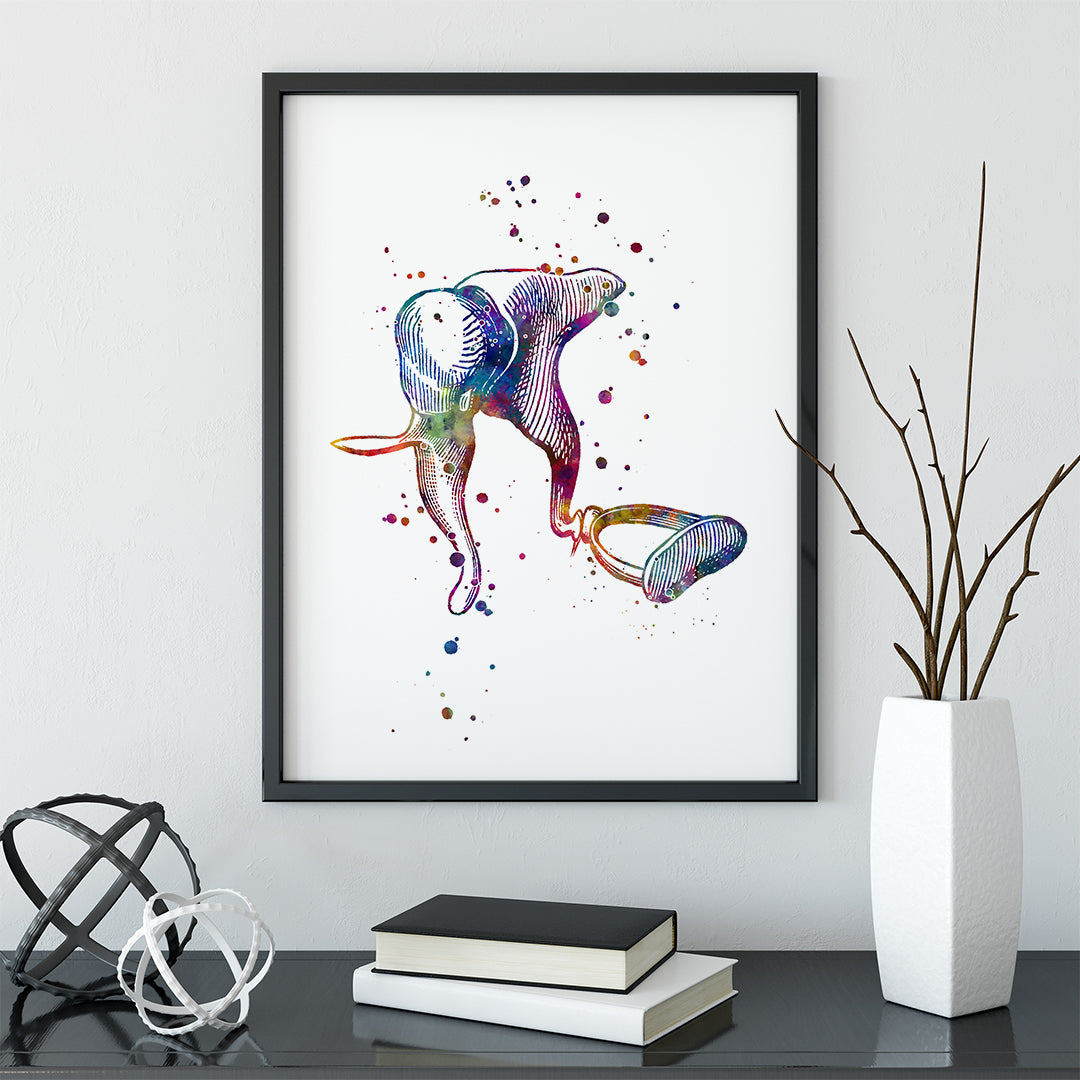 Watercolor art of human ear ossicles, highlighting malleus, incus, and stapes with vibrant color.