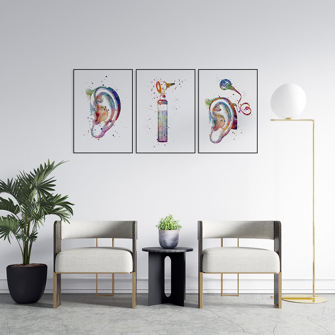 Multicolored audiology posters for audiologist office wall decor.