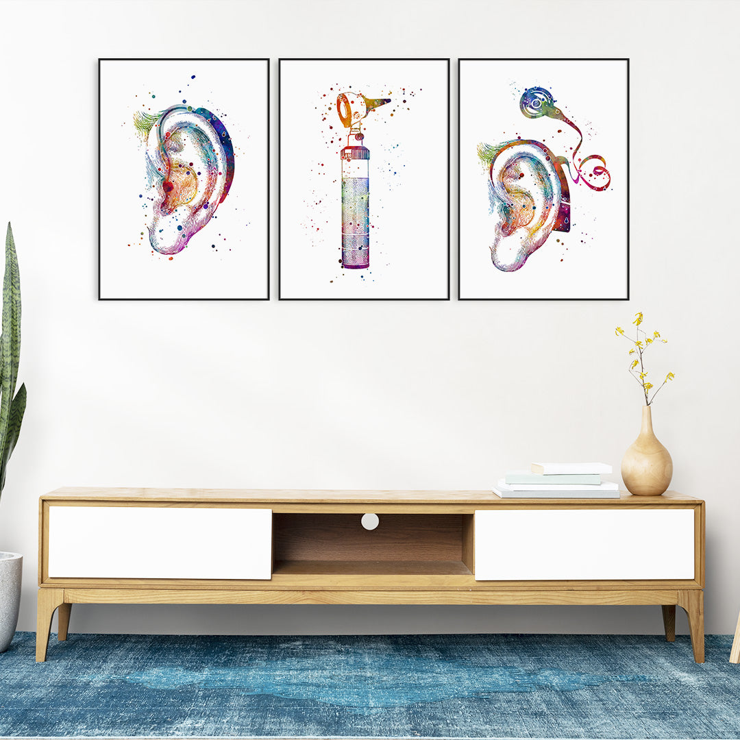 Set of 3 audiology watercolor prints featuring hearing aid, otoscope, and cochlear implant.