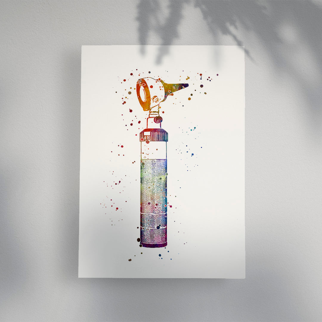 Otoscope ear tool watercolor art for audiology offices.