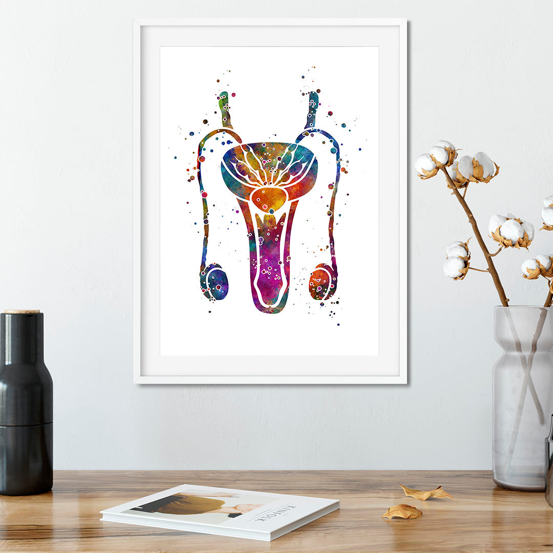 Vibrant male reproductive system watercolor print, detailed anatomical art on textured paper, perfect for medical offices or anatomy classrooms