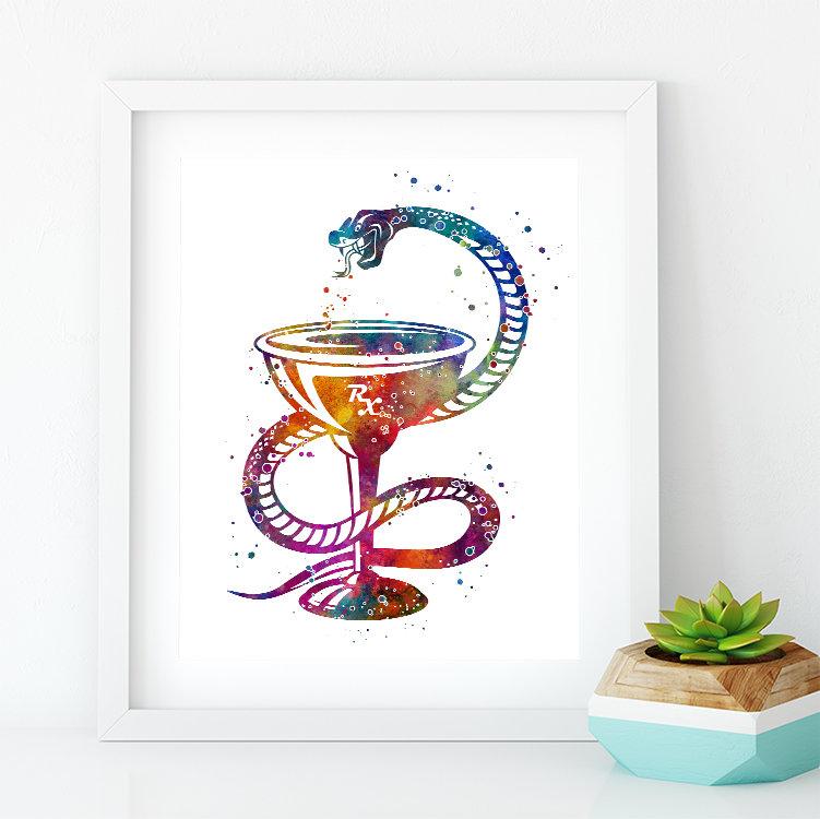 Pharmacy Wall Art Decor Bowl of Hygieia Watercolor Print
