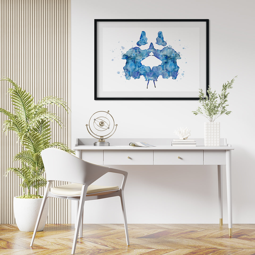 Elegant blue ink blot watercolor art, ideal for psychology-themed spaces