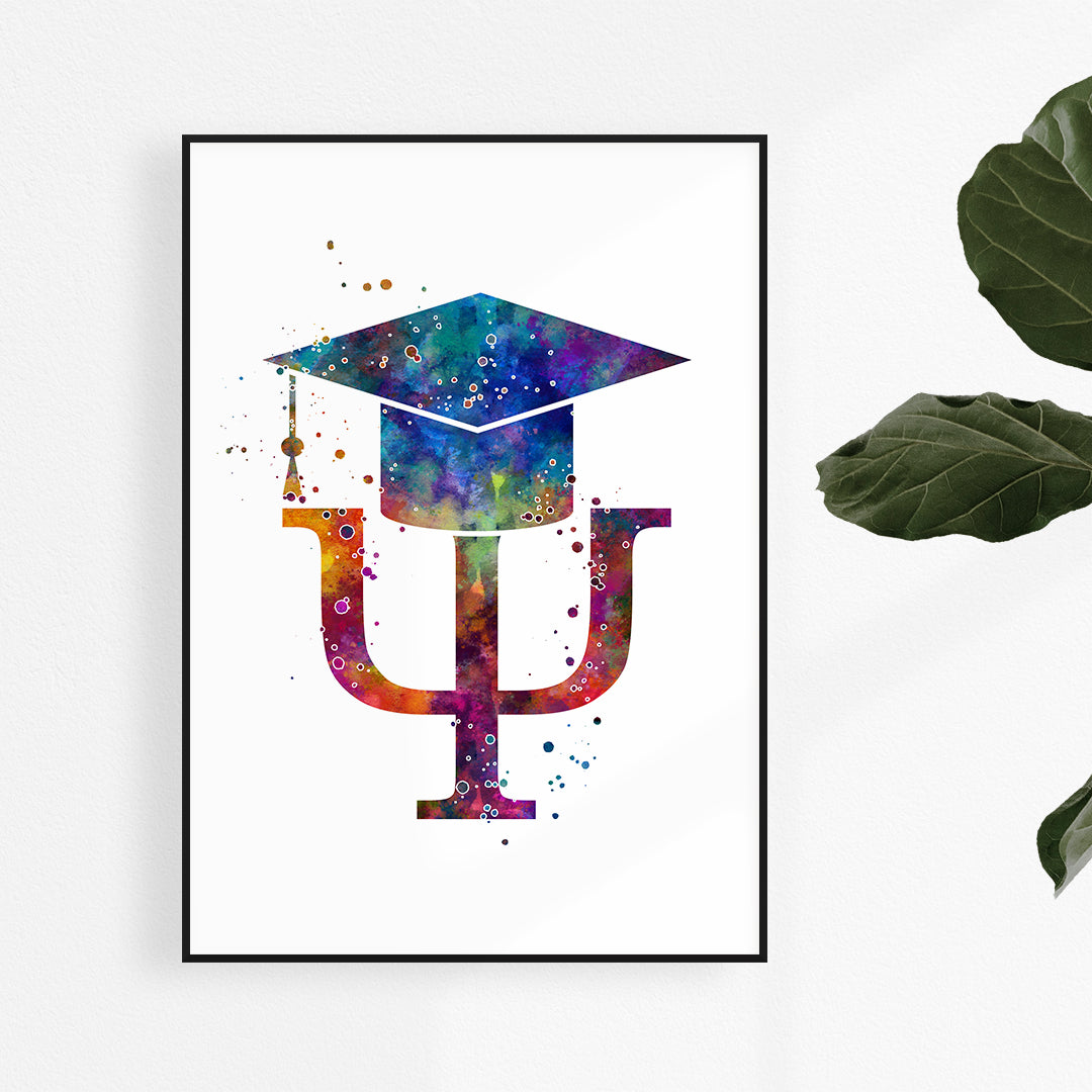 Colorful watercolor art print with Psi symbol and hand, perfect for psychology office decor