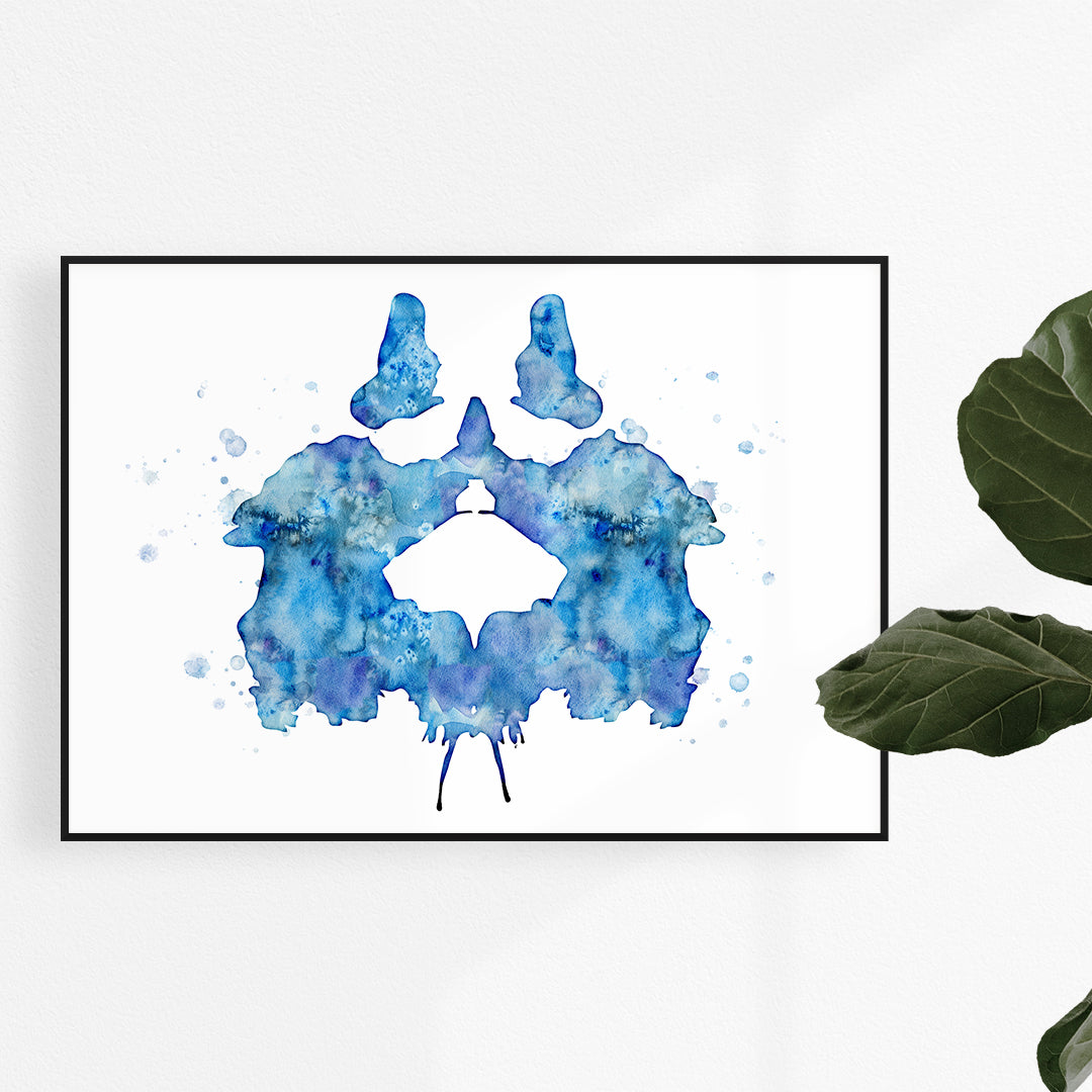 Blue watercolor Rorschach ink blot art print for psychologist’s office decor