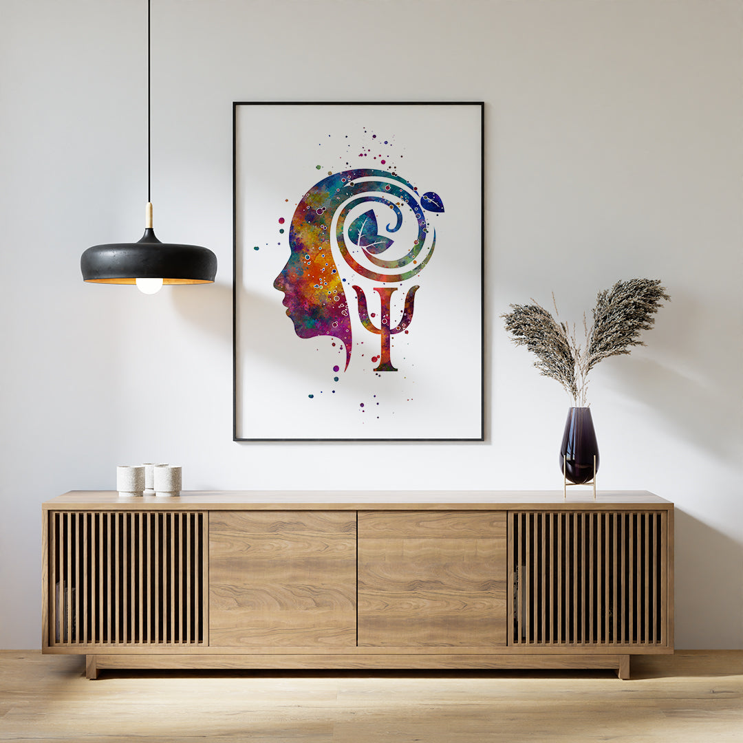 Human head silhouette print with Psi symbol for counselor office decor