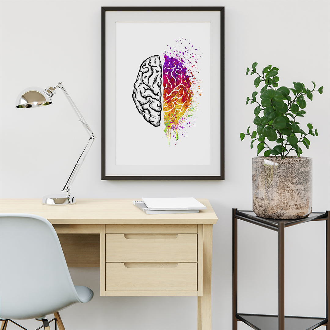 Detailed left and right brain watercolor art, symbolizing the union of logic and creativity for office or classroom decor.