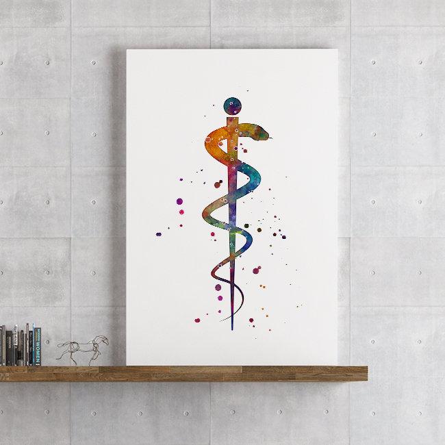 Rod of Asclepius Watercolor Print Healing and Medicine Symbol