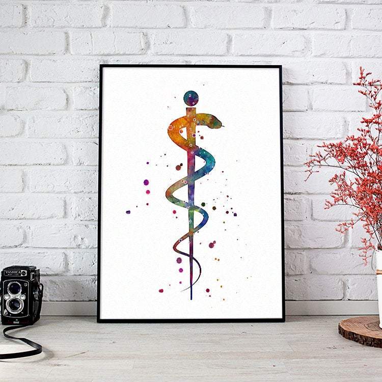 Rod of Asclepius Watercolor Print Healing and Medicine Symbol