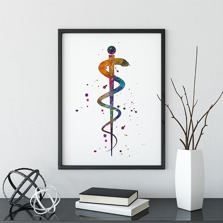 Rod of Asclepius Watercolor Print Healing and Medicine Symbol