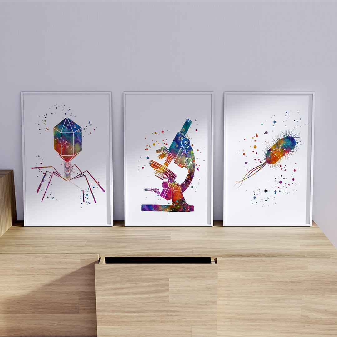 Science decor: Microbiology watercolor prints of virus, microscope, and Escherichia coli