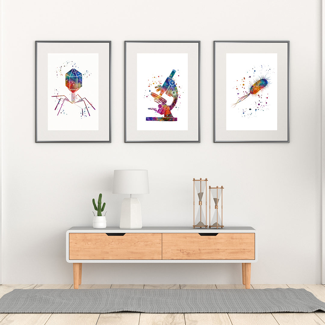 Colorful science art set with microbiology themes – virus, microscope, and Escherichia coli