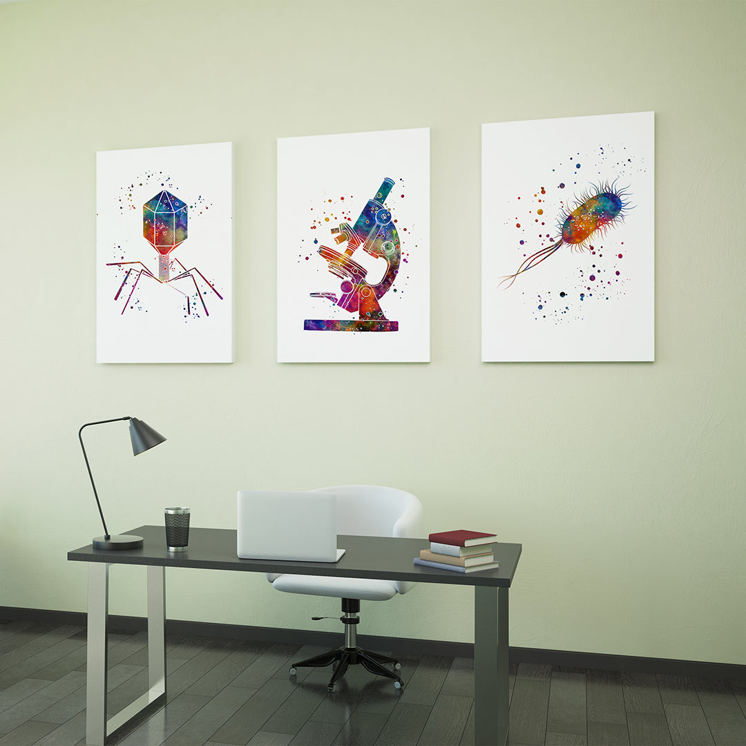 Detailed microbiology art print set in watercolor, with virus, microscope, and bacteria design