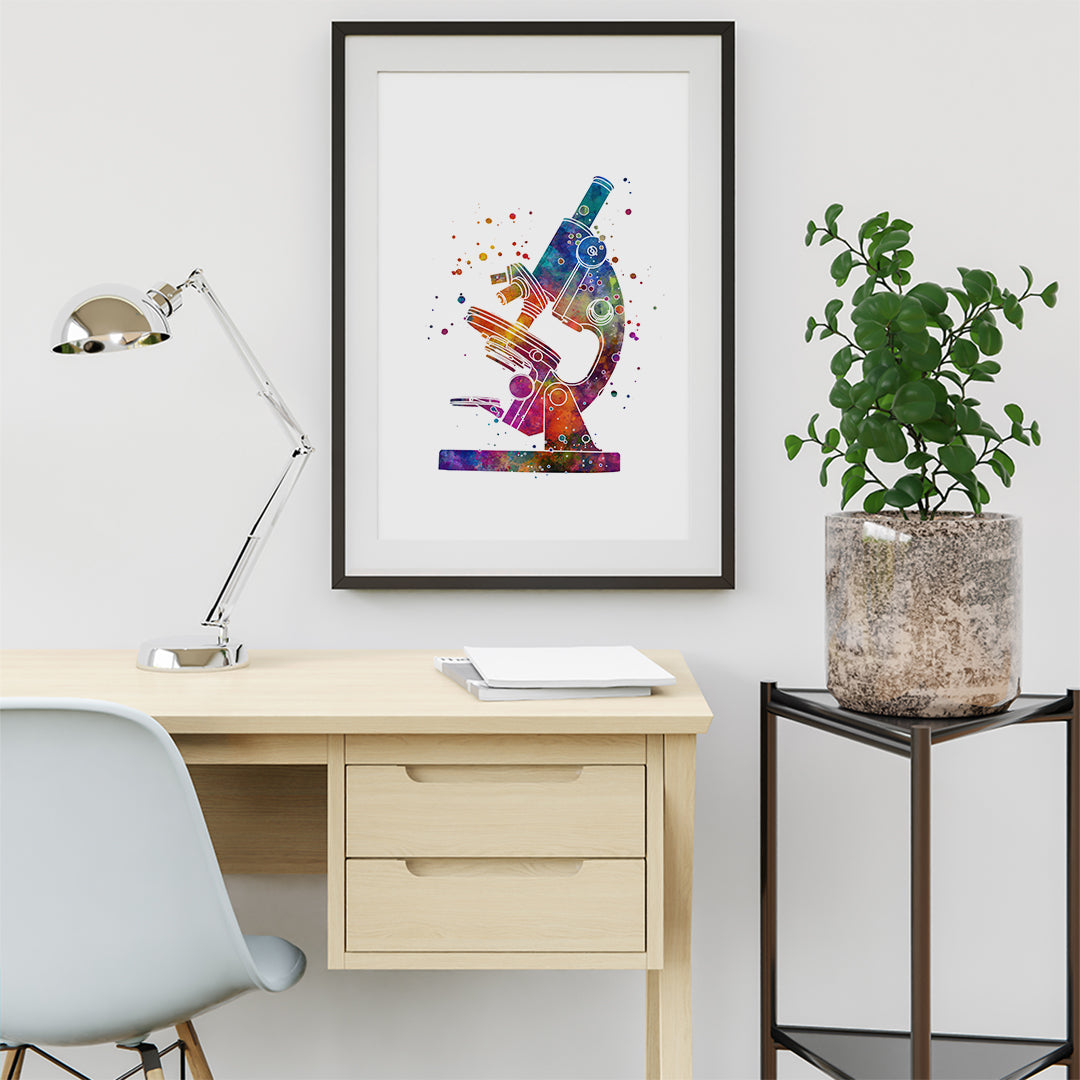 Science-themed watercolor art print featuring a microscope design, perfect for kids’ rooms, labs, or classroom decor, inspiring curiosity and creativity.